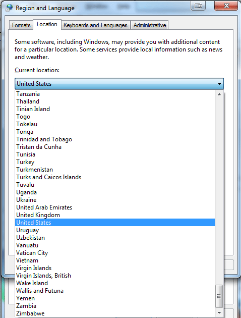 Windows 7 Region and Language, Location